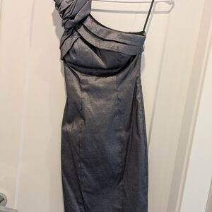 Le Chateau Silver Asymmetrical Ruched Cocktail Dress